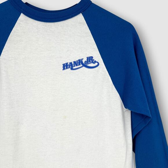 90s Vintage Hank Williams Jr Raglan Baseball Tee Blue Country Music Shirt Small - Picture 3 of 5